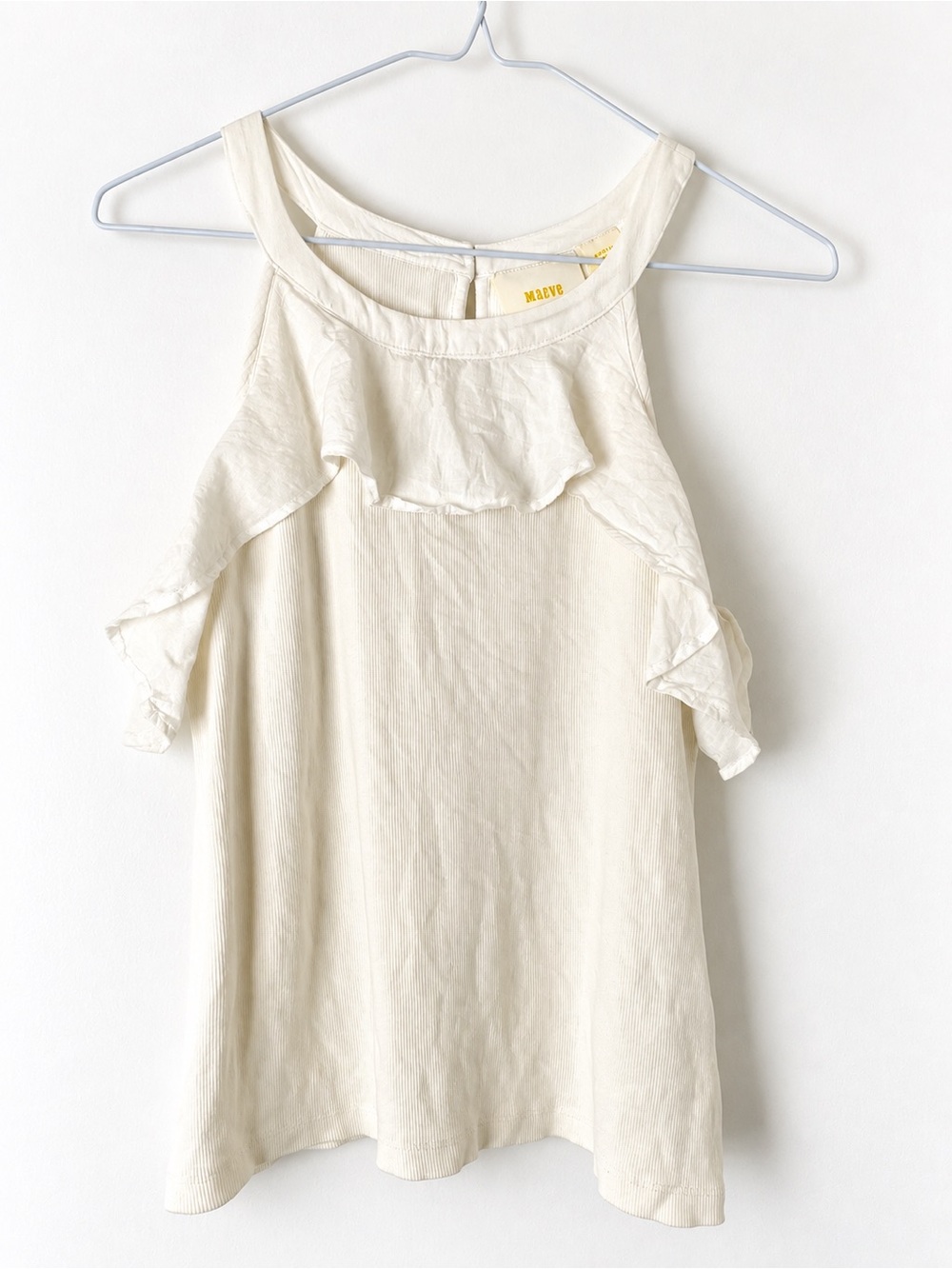 Maeve Anthropologie White Ribbed Cotton Ruffle Sleeveless Tank Top